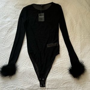 Black Sheer Long Sleeve Bodysuit with Fur Trim